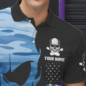 Blue Camo Skull American Flag Mens Bowling Shirts Custom Patriotic Bowling Team Jerseys For Men NQS9507