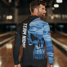 Load image into Gallery viewer, Blue Camo Skull American Flag Mens Bowling Shirts Custom Patriotic Bowling Team Jerseys For Men NQS9507