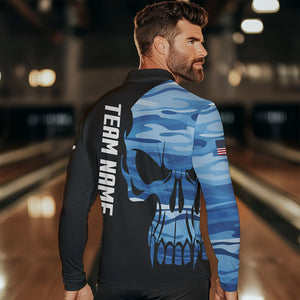 Blue Camo Skull American Flag Mens Bowling Shirts Custom Patriotic Bowling Team Jerseys For Men NQS9507