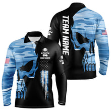 Load image into Gallery viewer, Blue Camo Skull American Flag Mens Bowling Shirts Custom Patriotic Bowling Team Jerseys For Men NQS9507