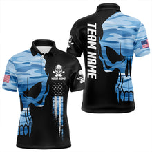 Load image into Gallery viewer, Blue Camo Skull American Flag Mens Bowling Shirts Custom Patriotic Bowling Team Jerseys For Men NQS9507