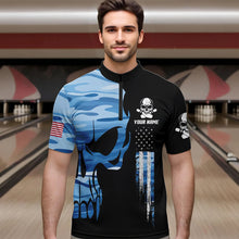 Load image into Gallery viewer, Blue Camo Skull American Flag Mens Bowling Shirts Custom Patriotic Bowling Team Jerseys For Men NQS9507