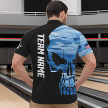 Load image into Gallery viewer, Blue Camo Skull American Flag Mens Bowling Shirts Custom Patriotic Bowling Team Jerseys For Men NQS9507