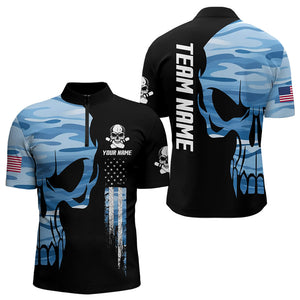 Blue Camo Skull American Flag Mens Bowling Shirts Custom Patriotic Bowling Team Jerseys For Men NQS9507