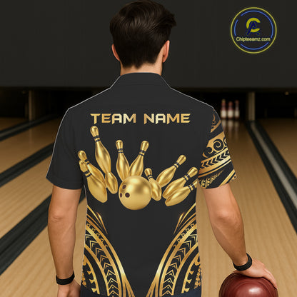 Black and Gold tribal pattern Bowling Button-up Shirts Custom Bowling Team Jerseys NQS11732