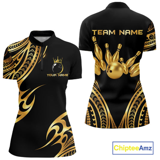 Black and Gold tribal pattern Bowling Polo, Quarter Zip Shirts For Women Custom Bowling Team Jerseys NQS11732