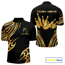 Load image into Gallery viewer, Black and Gold tribal pattern Bowling Polo, Quarter Zip Shirts For Men Custom Bowling Team Jerseys NQS11732