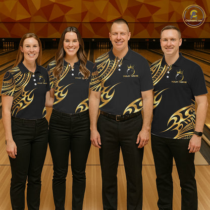 Black and Gold tribal pattern Bowling Polo, Quarter Zip Shirts For Men Custom Bowling Team Jerseys NQS11732