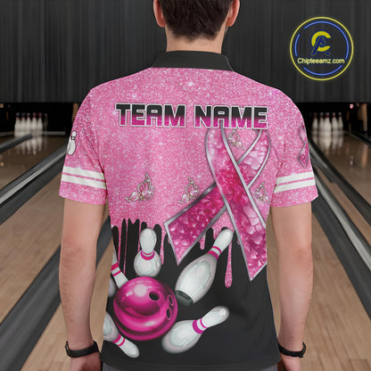 Black and Pink ribbon glitter Bowling Shirts For Men Custom breast cancer team bowling jerseys NQS9950