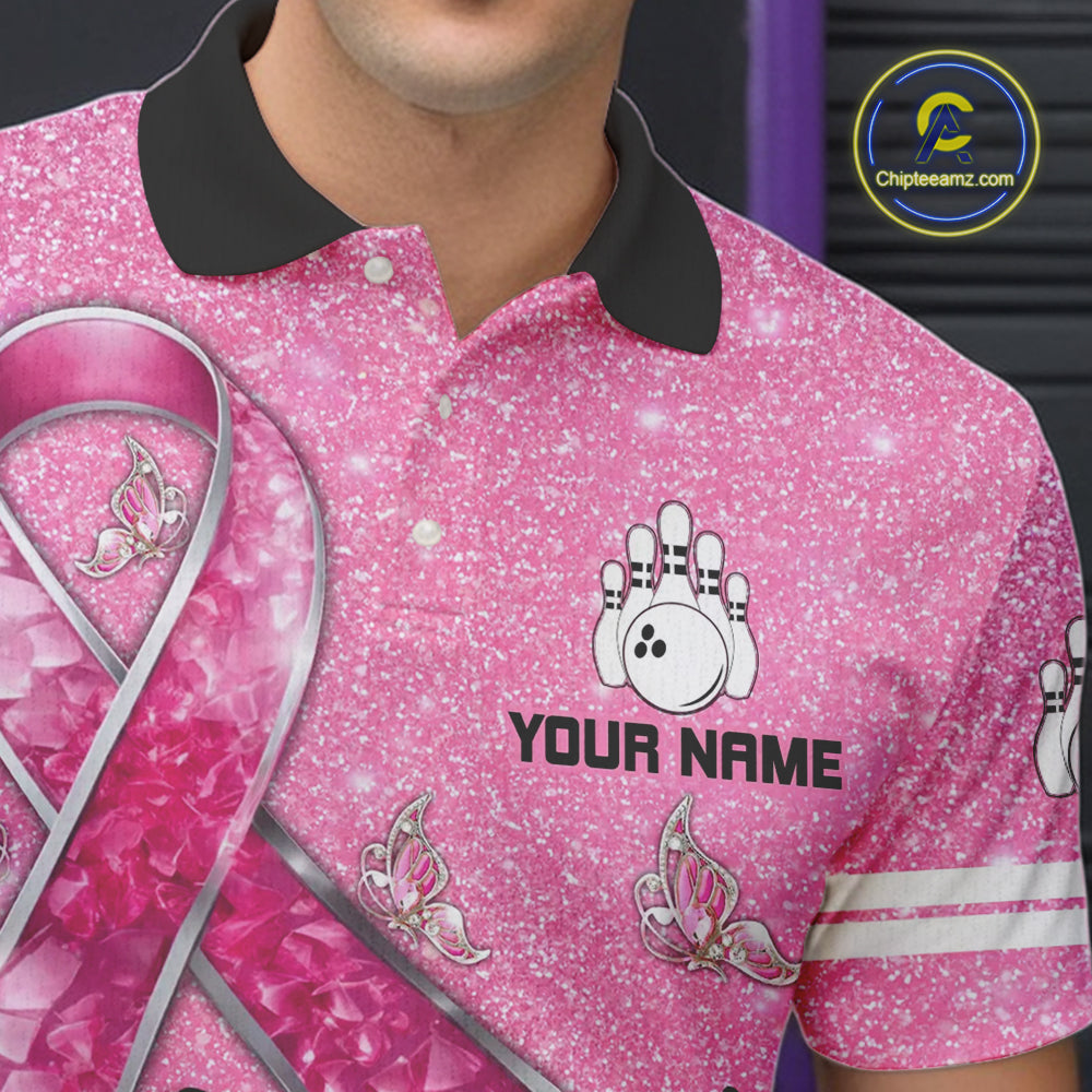 Black and Pink ribbon glitter Bowling Shirts For Men Custom breast cancer team bowling jerseys NQS9950