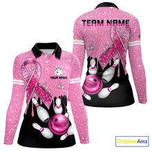Load image into Gallery viewer, Black and Pink ribbon glitter Bowling Shirts For Women Custom breast cancer team bowling jerseys NQS9950