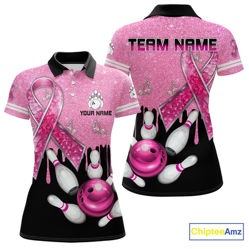 Black and Pink ribbon glitter Bowling Shirts For Women Custom breast cancer team bowling jerseys NQS9950