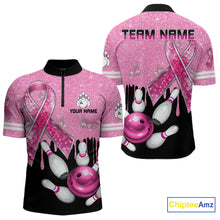Load image into Gallery viewer, Black and Pink ribbon glitter Bowling Shirts For Men Custom breast cancer team bowling jerseys NQS9950