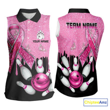 Load image into Gallery viewer, Black and Pink ribbon glitter Bowling sleeveless polo Shirt Custom breast cancer team bowling jerseys NQS9950