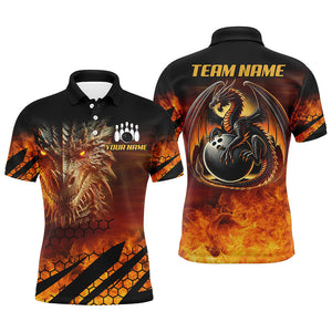 Black And Orange Custom Dragon Flame Bowling Shirts For Men, Dragon Fire Bowling Team Shirts NQS8234