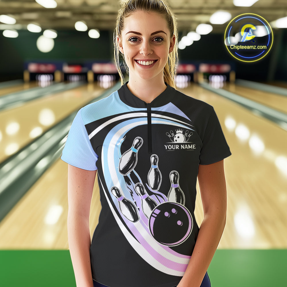 Blue Purple Gradient Bowling Shirts For Women Custom Bowling Team League Jersey, Gift For Bowler NQS10432