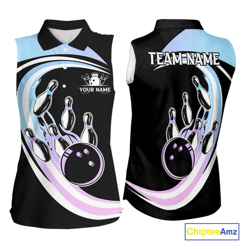 Blue Purple Gradient Bowling Sleeveless Polo Shirt Custom Bowling Team League Jersey, Gift For Bowler NQS10432