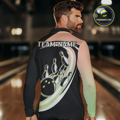 Pink and Green Gradient Bowling Shirts For Men Custom Bowling Team League Jersey, Gift For Bowler NQS10433