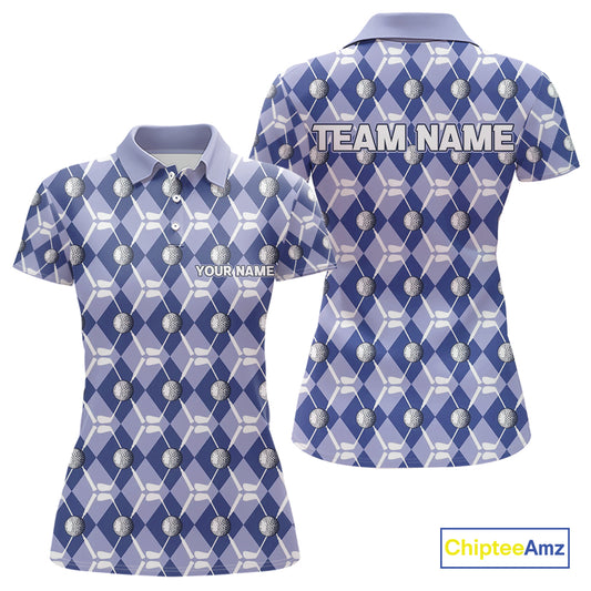 Women golf polo shirts custom blue argyle plaid pattern golf attire for ladies, golfer gifts NQS10434