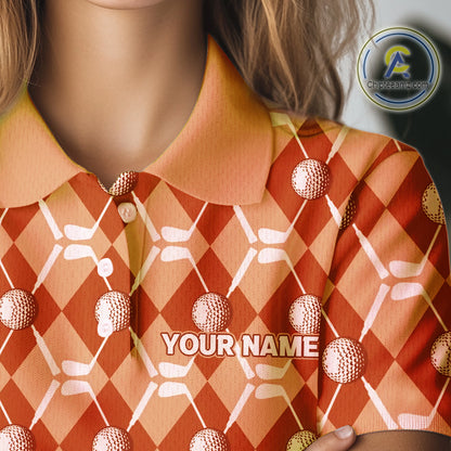 Women golf polo shirts custom orange argyle plaid pattern golf attire for ladies, golfer gifts NQS10436