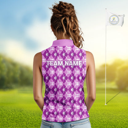 Women sleeveless polo shirt custom light purple argyle plaid pattern golf attire for ladies NQS10437