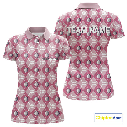 Women golf polo shirts custom pink argyle plaid pattern golf attire for ladies, golfer gifts NQS10443