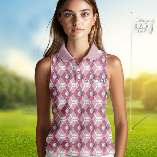 Women sleeveless polo shirt custom pink argyle plaid pattern golf attire for ladies NQS10443