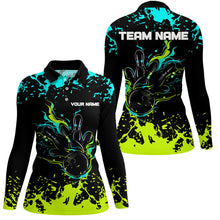 Load image into Gallery viewer, Personalized Cyan Blue and Green Bowling Shirts For Women, Bowling Balls And Pins Bowling Team Shirts NQS8917