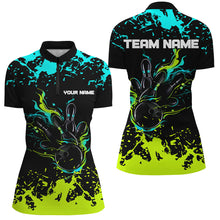 Load image into Gallery viewer, Personalized Cyan Blue and Green Bowling Shirts For Women, Bowling Balls And Pins Bowling Team Shirts NQS8917