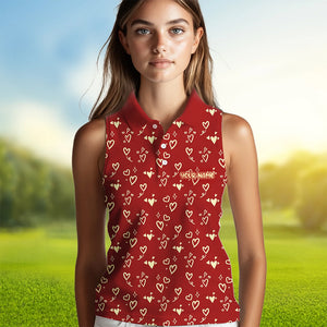 Gold Heart Red pattern Women sleeveless polo shirt custom Valentines golf gift for her NQS9368