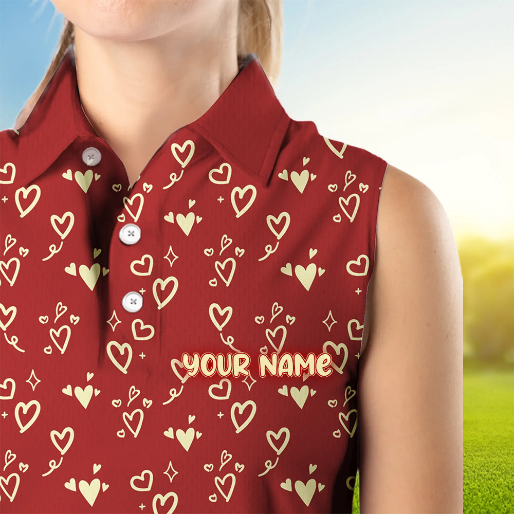 Gold Heart Red pattern Women sleeveless polo shirt custom Valentines golf gift for her NQS9368