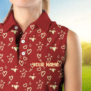 Gold Heart Red pattern Women sleeveless polo shirt custom Valentines golf gift for her NQS9368