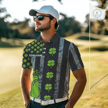 Load image into Gallery viewer, Custom Black Grunge US Flag Green Shamrock St Patrick Golf Polo shirts for Men Patriotic Golf shirts NQS11449