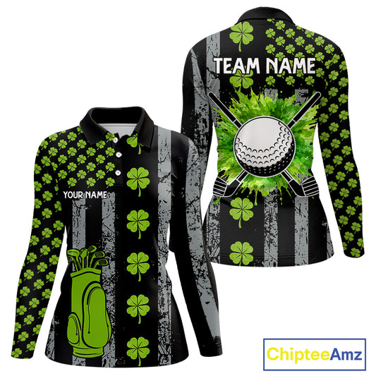 Custom Black Grunge US Flag Green Shamrock St Patrick Golf Polo shirts for Women Patriotic Golf shirt NQS11449