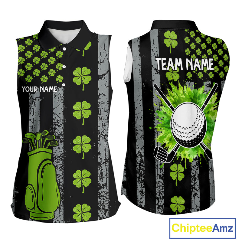 Custom Black Grunge US Flag Green Shamrock St Patrick Sleeveless Golf Polo shirt Patriotic Golf shirt NQS11449