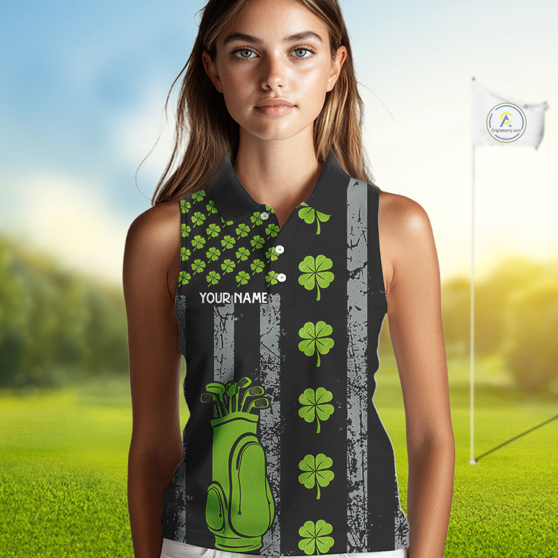 Custom Black Grunge US Flag Green Shamrock St Patrick Sleeveless Golf Polo shirt Patriotic Golf shirt NQS11449
