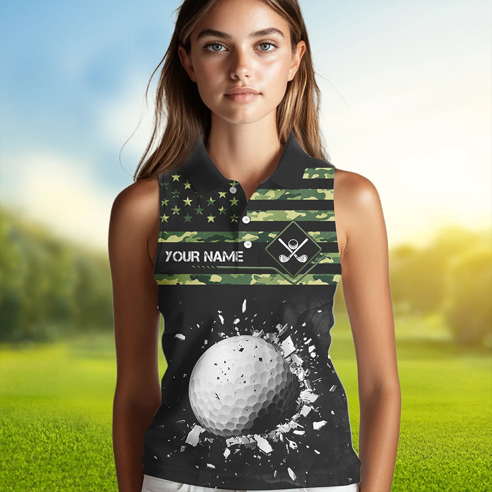 Green Camo American flag black Women sleeveless polo shirt custom patriotic team ladies golf apparel NQS9517