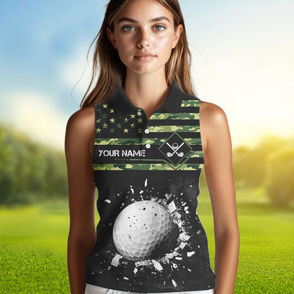 Green Camo American flag black Women sleeveless polo shirt custom patriotic team ladies golf apparel NQS9517