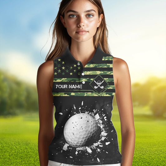 Green Camo American flag black Women sleeveless polo shirt custom patriotic team ladies golf apparel NQS9517