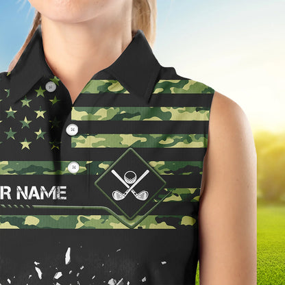 Green Camo American flag black Women sleeveless polo shirt custom patriotic team ladies golf apparel NQS9517