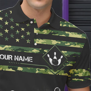 Personalized Green camo American flag Custom Bowling Team Shirts For Mens, Bowling League Jersey NQS9518