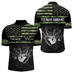 Personalized Green camo American flag Custom Bowling Team Shirts For Mens, Bowling League Jersey NQS9518