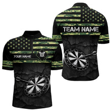 Load image into Gallery viewer, Green camo American Flag Dart jerseys Polo, 1/4 Zip Shirt for Men Custom Patriotic Darts Team shirts NQS9519
