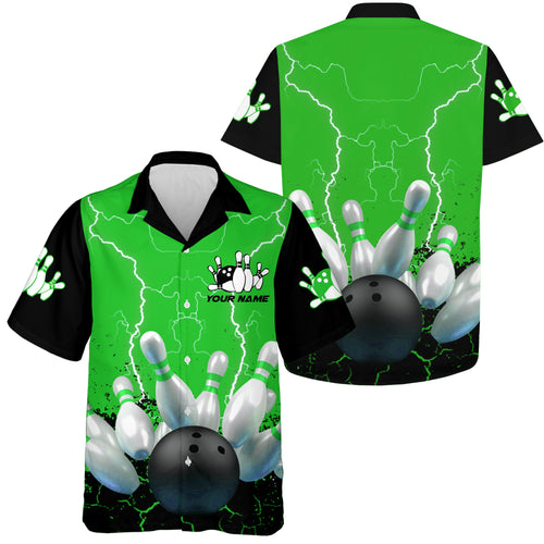 Green lightning hawaiian bowling shirts, Personalized men's bowling team button up bowling shirts NQS7280
