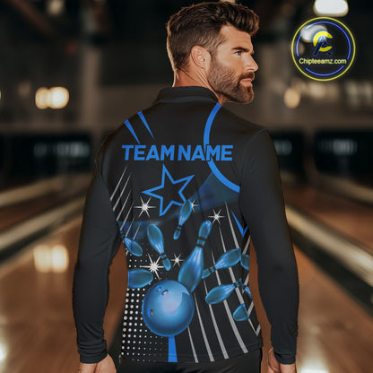 Black and Blue Mens Bowling Polo, Quarter Zip Shirts Custom Bowling outfit men Team Jerseys NQS9956
