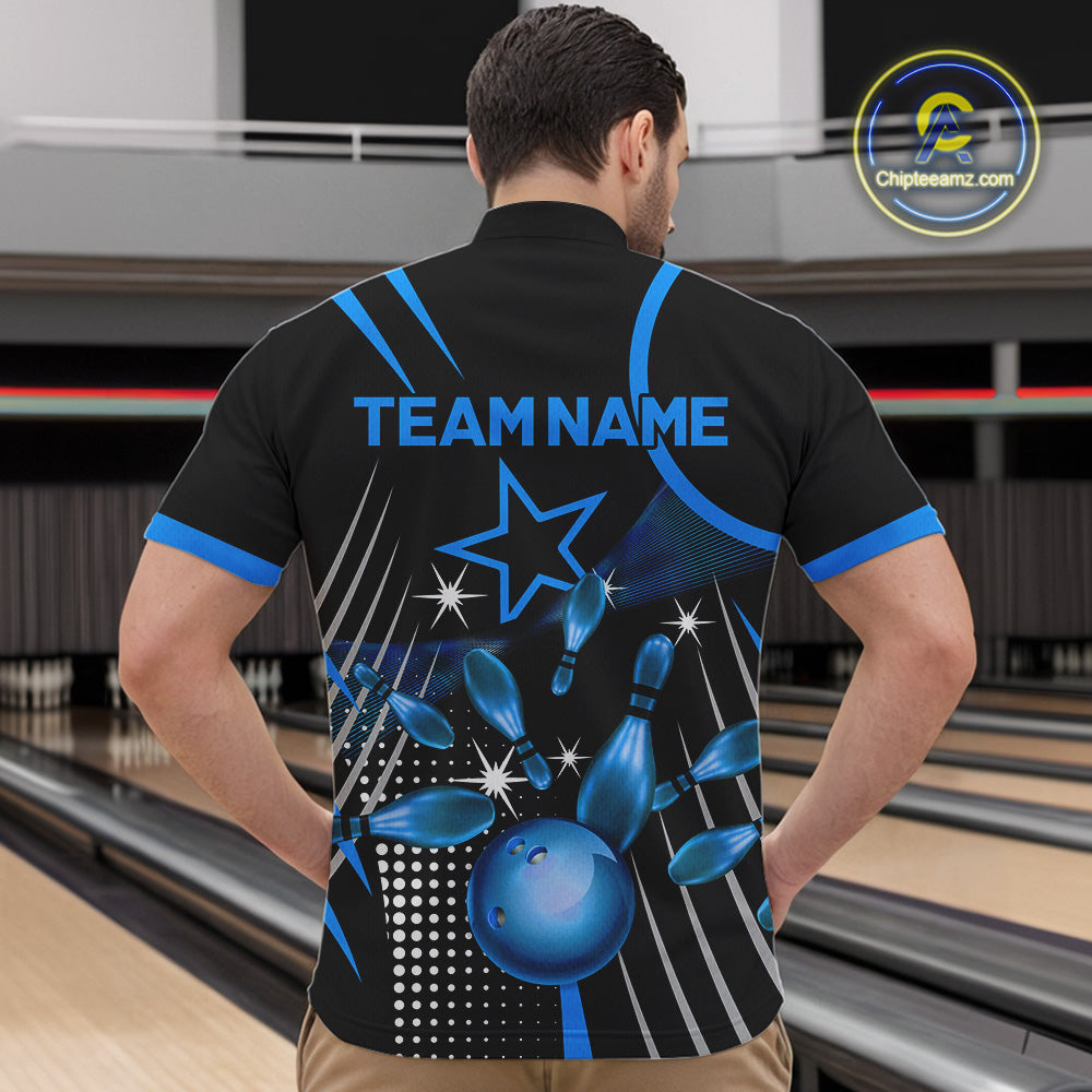 Black and Blue Mens Bowling Polo, Quarter Zip Shirts Custom Bowling outfit men Team Jerseys NQS9956