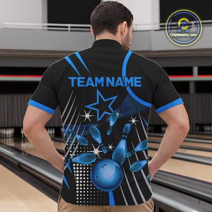 Black and Blue Mens Bowling Polo, Quarter Zip Shirts Custom Bowling outfit men Team Jerseys NQS9956
