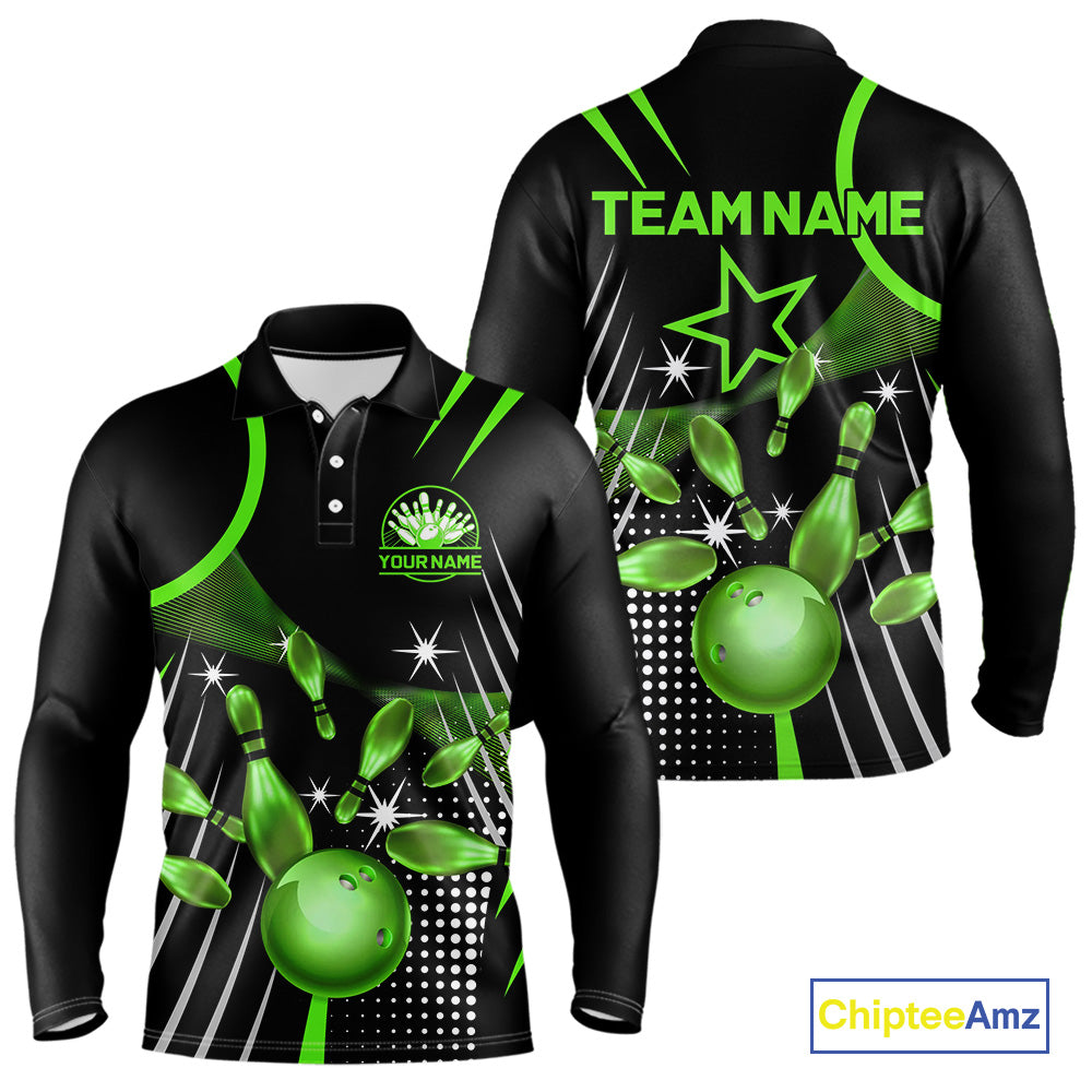 Black and Green Mens Bowling Polo, Quarter Zip Shirts Custom Bowling outfit men Team Jerseys NQS9957