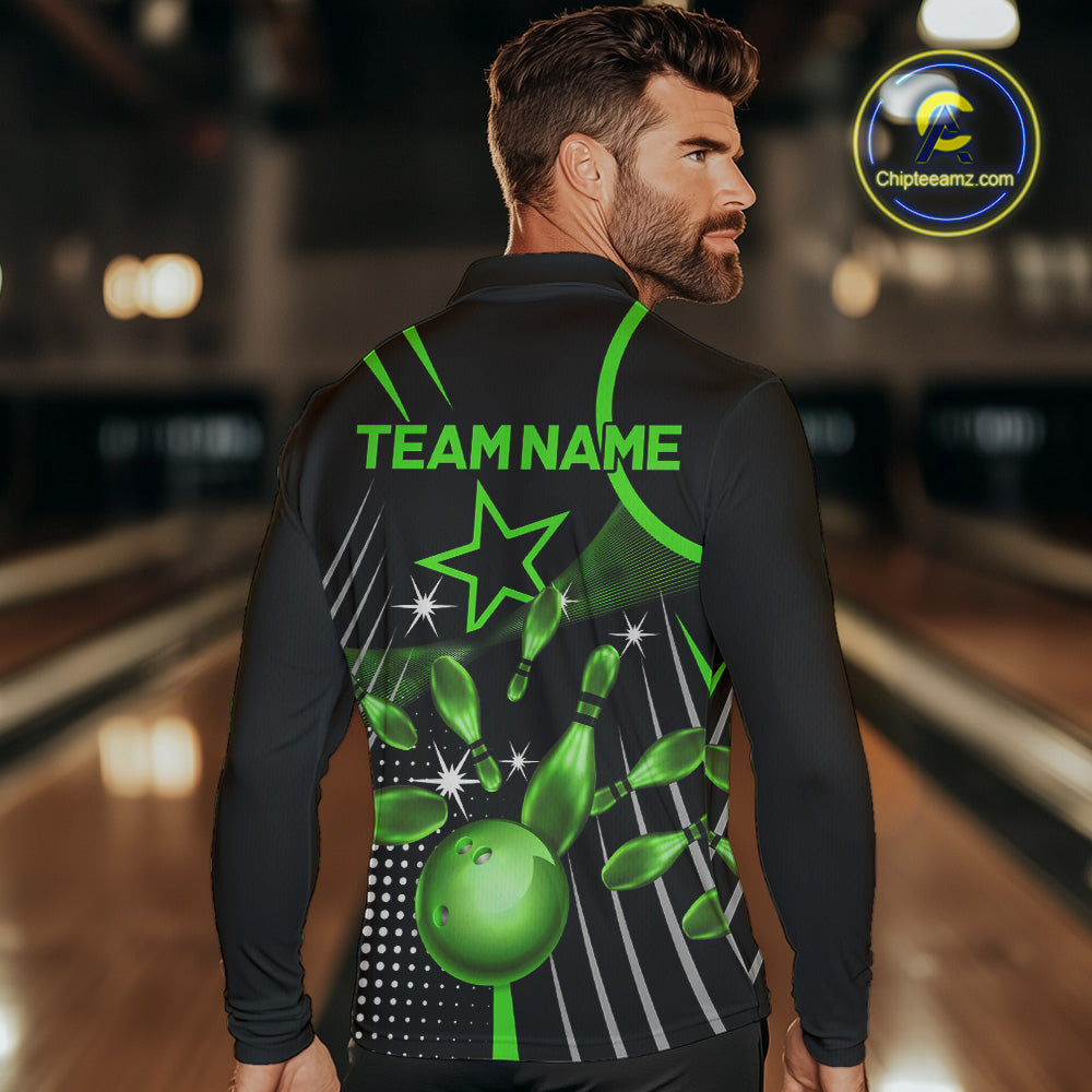 Black and Green Mens Bowling Polo, Quarter Zip Shirts Custom Bowling outfit men Team Jerseys NQS9957