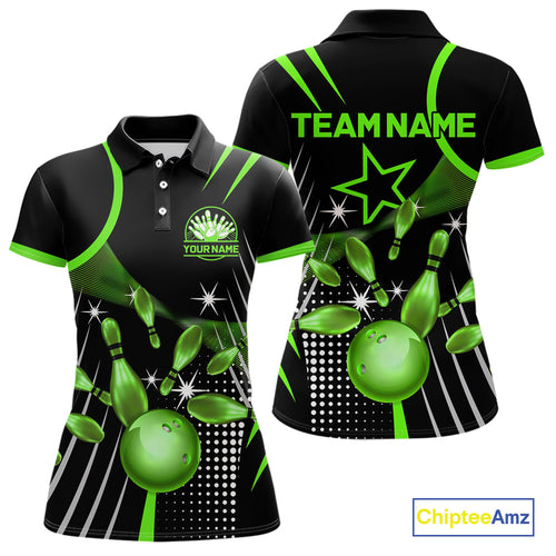 Black and Green Women Bowling Polo, Quarter Zip Shirts Custom Bowling outfit ladies Team Jerseys NQS9957